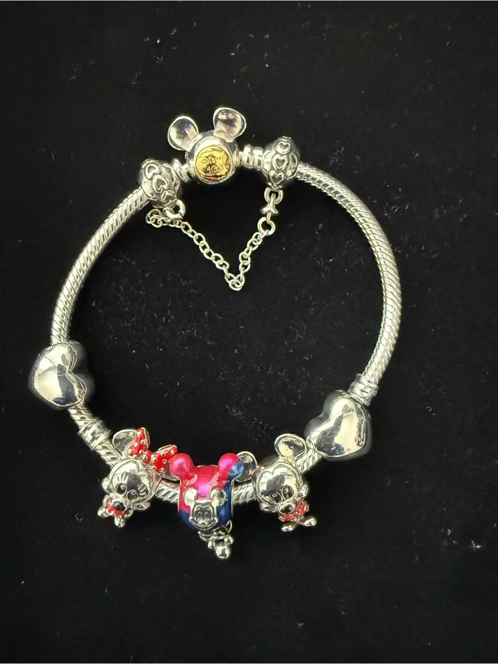 Pandora Disney Mickey Minnie Charm Bracelet Hearts Safety Chain 6.25”